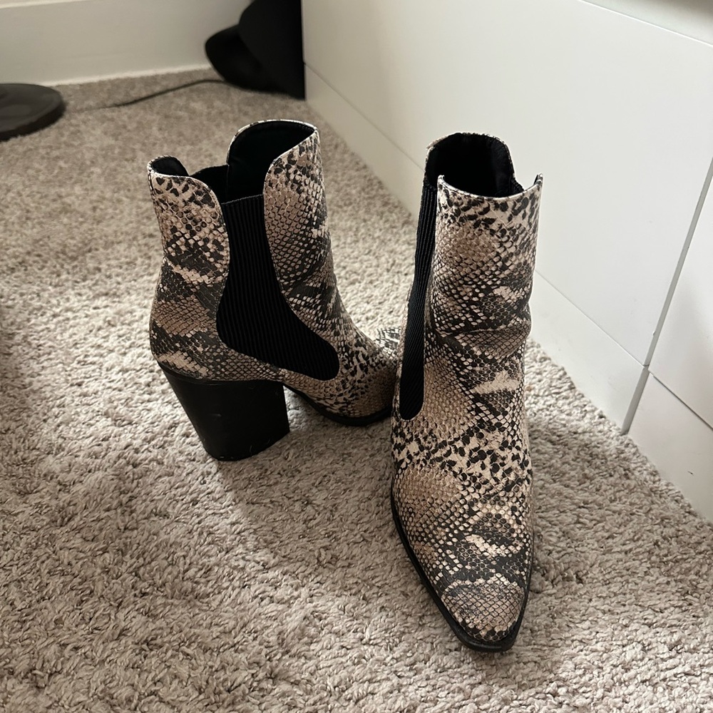 Qupid Black and Tan Snakeskin Ankle Booties